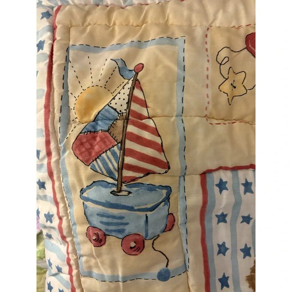 VTG Baby Crib Blanket Bears Flag Toys Blocks Hobby Horse Stars Blue Red Yellow